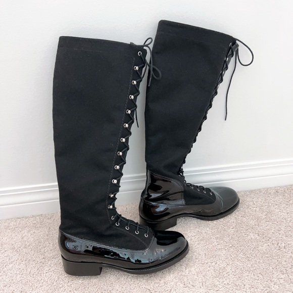 CHANEL Lace Up Knee Patent/ Suede Boots - Picture 2 of 10